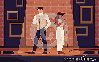 Two talent artists standing on theater stage in spotlight with brick wall, people holding microphones for jokes contest Vector Illustration