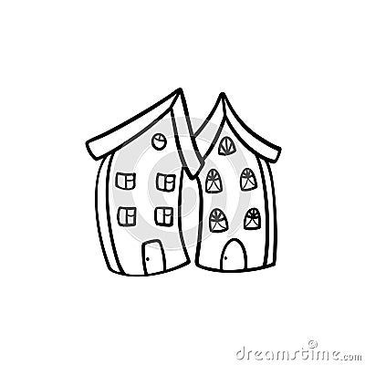 Two tall houses leaned toward each other. Black and white illustration on a white background. Cartoon Illustration