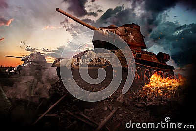 Two tanks destroyed in the area Stock Photo