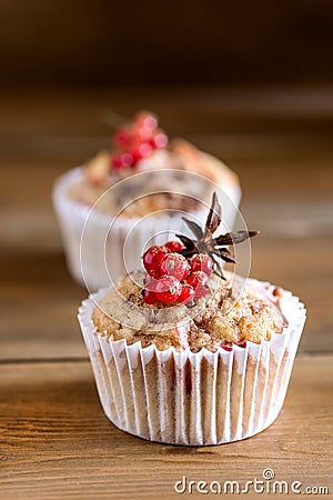 Two Tasty Cupcakes With Berries on Top Wooden Background Homemade Cupcake with Berry Apple and Spices Stock Photo