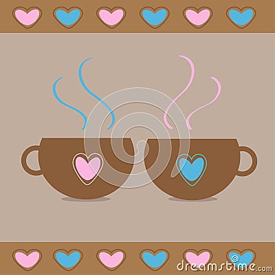 Two teacups with hearts. Love card Vector Illustration