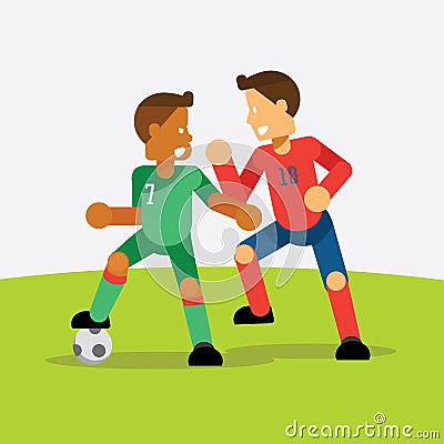 two team soccer players against during soccer game green team versus red team Vector Illustration