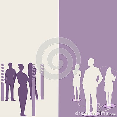 Two Teams Standing Discussing New Different Ideas Together. Business Partners Debate Opposite Work Plans Side By Side Vector Illustration