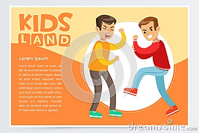 Two teen boys fighting each other, boy bullying classmate, aggressive behavior, kids land banner flat vector element for Vector Illustration