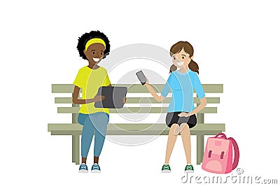 Two teen girls with gadgets are sitting on the bench,isolated on white background Vector Illustration