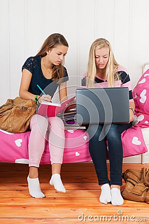 Two teen girls making homework together Stock Photo