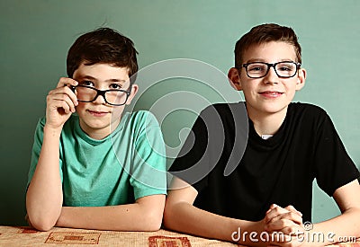 Two teenager boys in myopia glasses close up Stock Photo