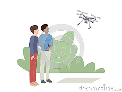 Two teenagers launch a drone quadcopter into the sky. Classes in a technical club, training and inventions. Modern educational Vector Illustration