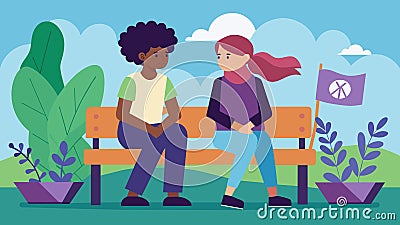 Two teenagers sit on a bench at a peaceful protest debating the effectiveness of peaceful means in advocating for Vector Illustration