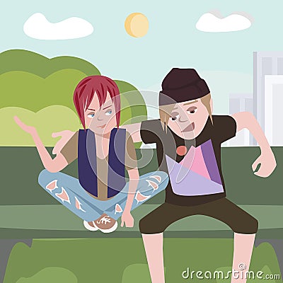 Two teens talking at the park Vector Illustration