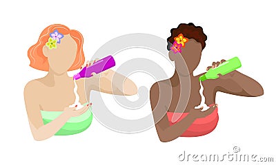 Two templates of faceless girls with shampoo in their hands Vector Illustration