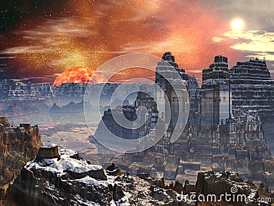 Two Temples in Valley on Alien World Stock Photo