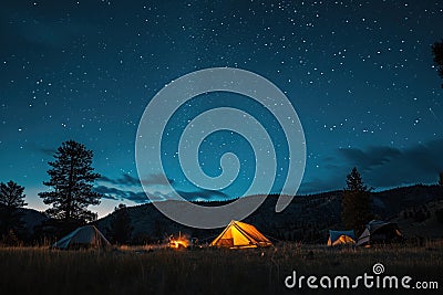 Two tents are placed on top of a vast grass-covered field, An idyllic camping scene under a twinkling starry summer sky, AI Stock Photo