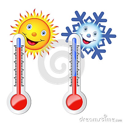 Two thermometers, the sun and snowflake. Vector Illustration