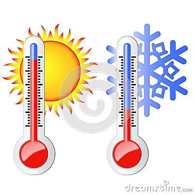 Two thermometers, sun and snowflake Vector Illustration