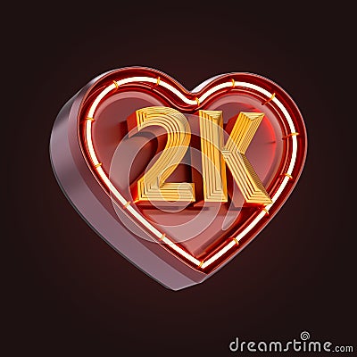 Two thousand or 2k follower celebration love icon neon glow lighting 3d render Stock Photo