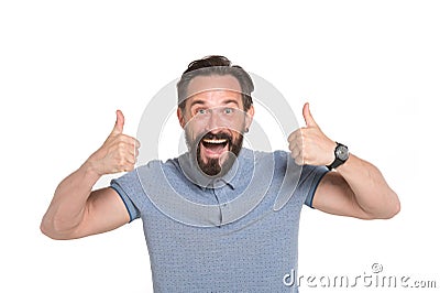 Two Thumbs up by both hands. Emotional man with two thumbs up isolated on white background. Excited bearded guy happy face emotion Stock Photo