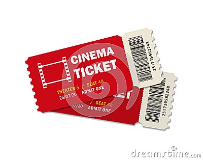 Two ticket of cinema for movie. Template red VIP entry pass tickets for theater, festival, cinema on isolated background. Pass Cartoon Illustration