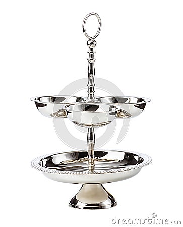 Two tier cake stand over white background. Stainless steel fruit plate Stock Photo