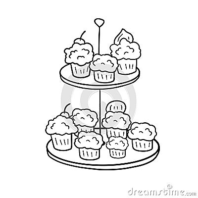 Two-tier serving tray with cupcakes. Plate with sweet dessert. Vector Illustration