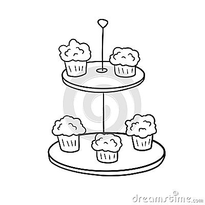 Two-tier serving tray with cupcakes. Plate with sweet dessert. Vector Illustration
