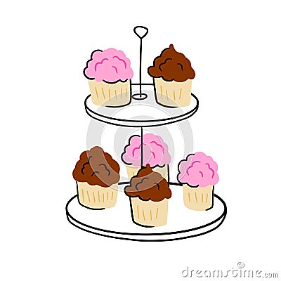 Two-tier serving tray with cupcakes. Vector Illustration