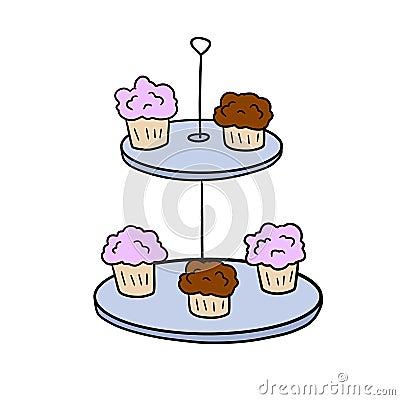 Two-tier serving tray with cupcakes. Plate with sweet dessert Vector Illustration