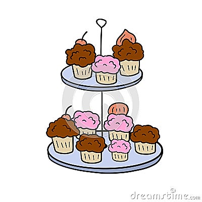 Two-tier serving tray with cupcakes. Plate with sweet dessert. Vector Illustration