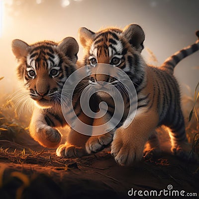 two tiger cubs prowling and learning to hunt Stock Photo