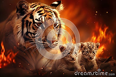 Two tigers briskly walk in front of a raging fire, symbolizing their escape from a dangerous forest blaze Stock Photo