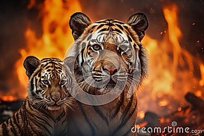 Two tigers briskly walk in front of a raging fire, symbolizing their escape from a dangerous forest blaze Stock Photo