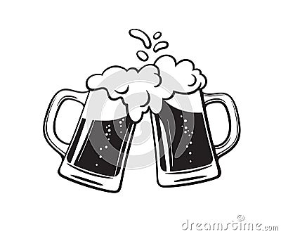 Two toasting beer mugs, Cheers. Clinking glass tankards full of beer and splashed foam. Black and white Vector Illustration