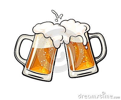 Two toasting beer mugs, Cheers. Clinking glass tankards full of beer and splashed foam Vector Illustration