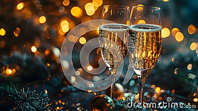 two toasting champagne glasses before countdown clock 2024 on glittering fireworks night sky Stock Photo