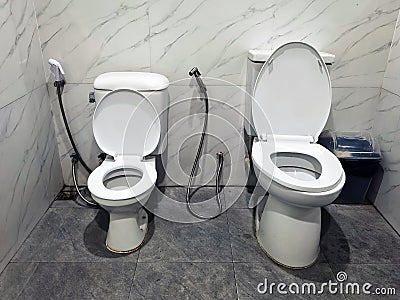 Two toilet seats installed together in one bathroom, a big one is for adults and a small one is for kids. Restroom with two toilet Stock Photo