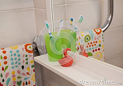 Toothbrashes in the bathroom Stock Photo