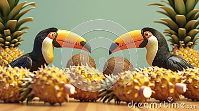 Two toucans using their long beaks to roll coconuts down the bowling lane narrowly avoiding knocking over a pile of Stock Photo