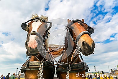 Two tour horses faces in old European town Stock Photo