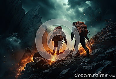 Two tourists with backpacks walk to the top of the mountain following the traces of volcanic lava Stock Photo