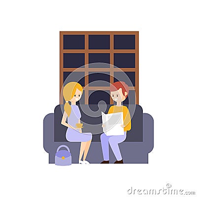 Two Tourists In Lobby Reading Newspapers And Drinking Coffee Hotel Themed Primitive Cartoon Illustration Vector Illustration