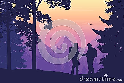 Two tourists, man and woman with backpacks together standing in Vector Illustration