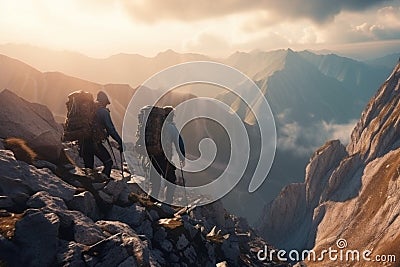 Two tourists are moving towards the mountains behind which the bright sun rises, several climbers are moving towards Stock Photo
