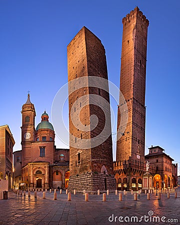 Two Towers and Chiesa di San Bartolomeo in the Morning, Bologna, Emilia-Romagna, Italy Stock Photo