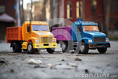 two toy trucks of different colors parked side by side Stock Photo