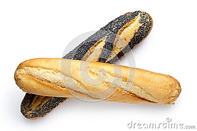 Two traditional baguettes isolated on white. Plain and poppy seed. Top view Stock Photo