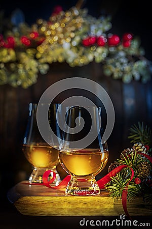 Two Traditional Glasses of Whisky Christmas Stock Photo