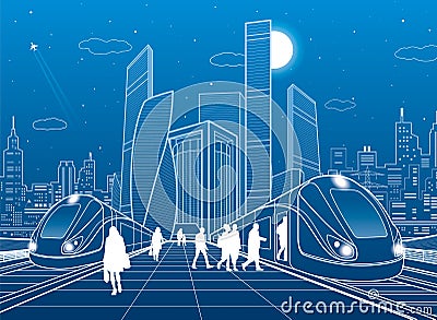 Two trains at railway station. Passengers on platform. Modern night town. Urban transportation illustration. City life scene. Whit Vector Illustration