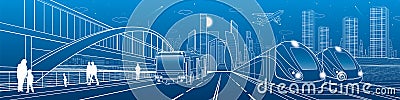Two trains travel by rail. Bus rides on city highway. Modern night town. Urban scene. People walking at street. White lines on blu Vector Illustration