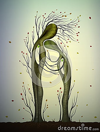 Two trees in love looks like man and woman, tree hug, family concept, getting older together, autumn tree feelings, Vector Illustration