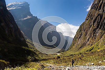 Two trekkers walking through glacier valley in Annapurna Base Camp trekking Stock Photo